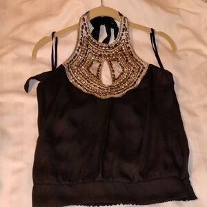 Bebe Women's Black Halter Top with Beaded Gold Embellished Neckline, Size: S